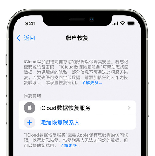 双流苹果手机维修分享在 iPhone 上设置帐户恢复联系人的方法 