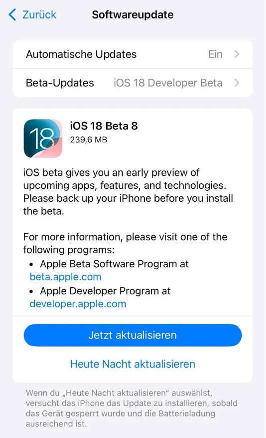 双流苹果手机维修分享苹果 iOS / iPadOS 18 开发者预览版 Beta 8 发布 